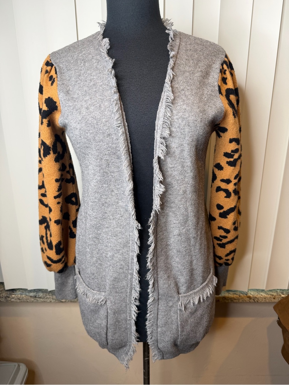THML Anthropologie cardigan gray body and leopard print sleeves SZ Medium